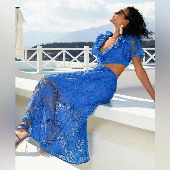 Ruffle Trim Cut Out Waist Lace Overlay Dress - Picture 6 of 8